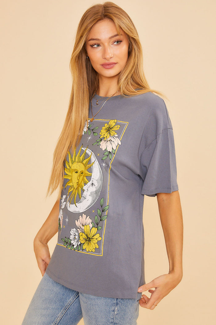 Floral Sun & Moon Tee - Slate