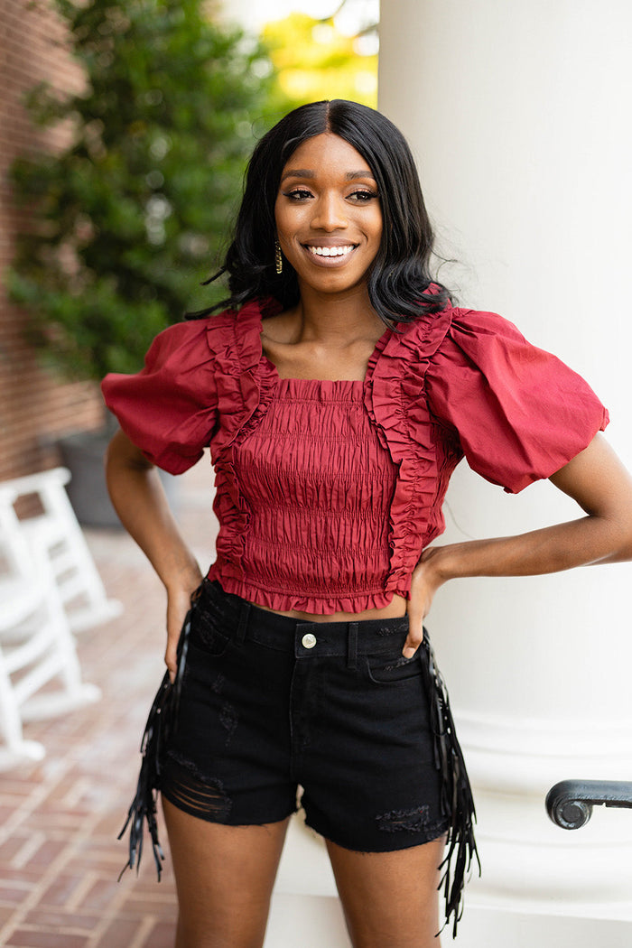 Flounce & Frill Top - Maroon