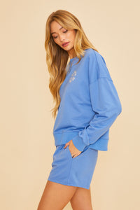 "Be Happy" Embroidered Sweatshirt - Blue
