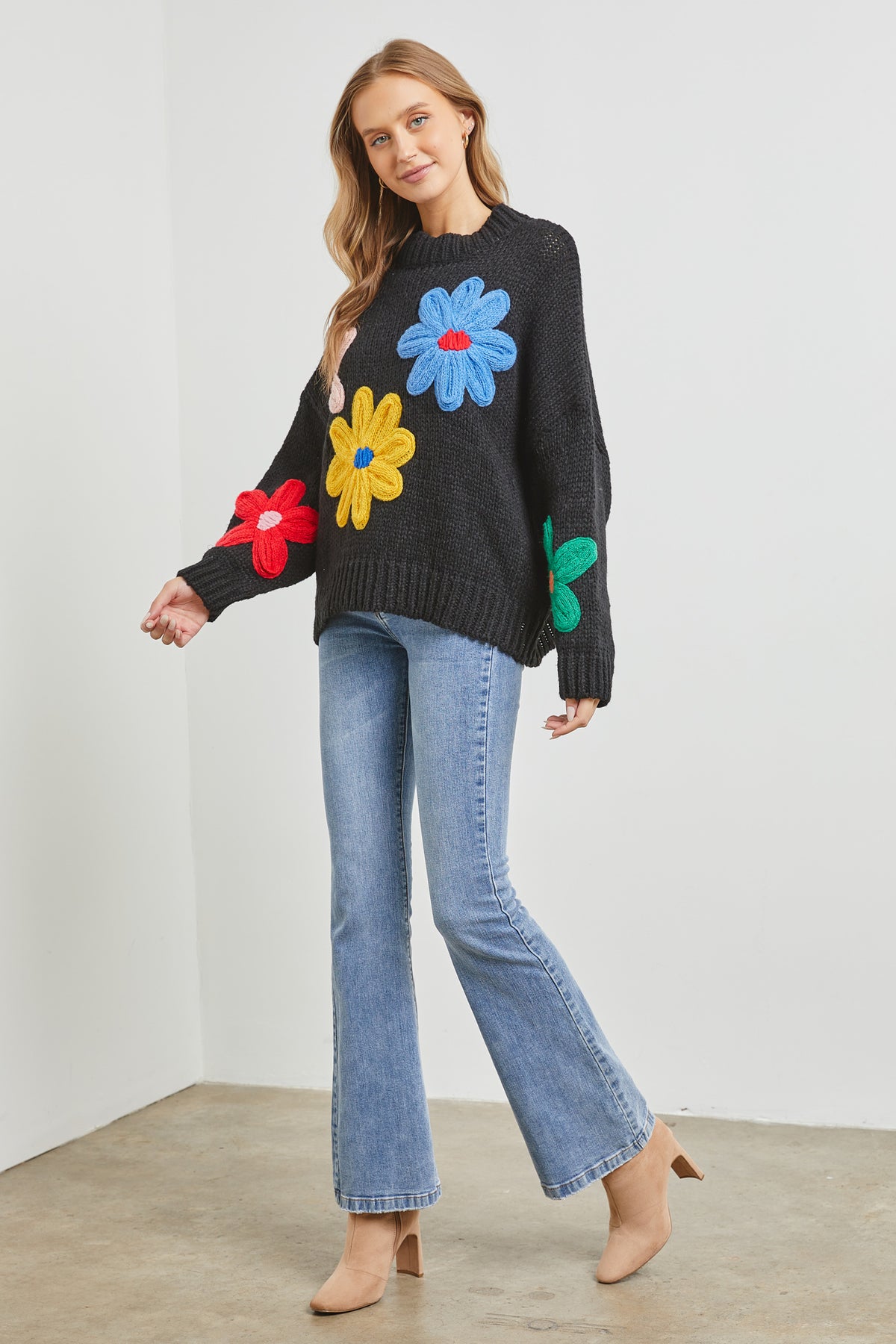 Vibrant Blossoms Sweater - Black