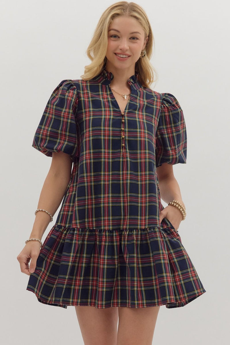 Checking It Twice Dress - Navy