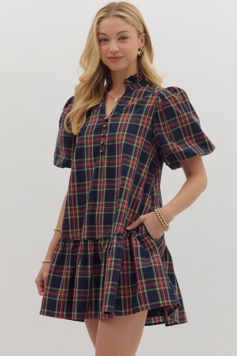 Checking It Twice Dress - Navy