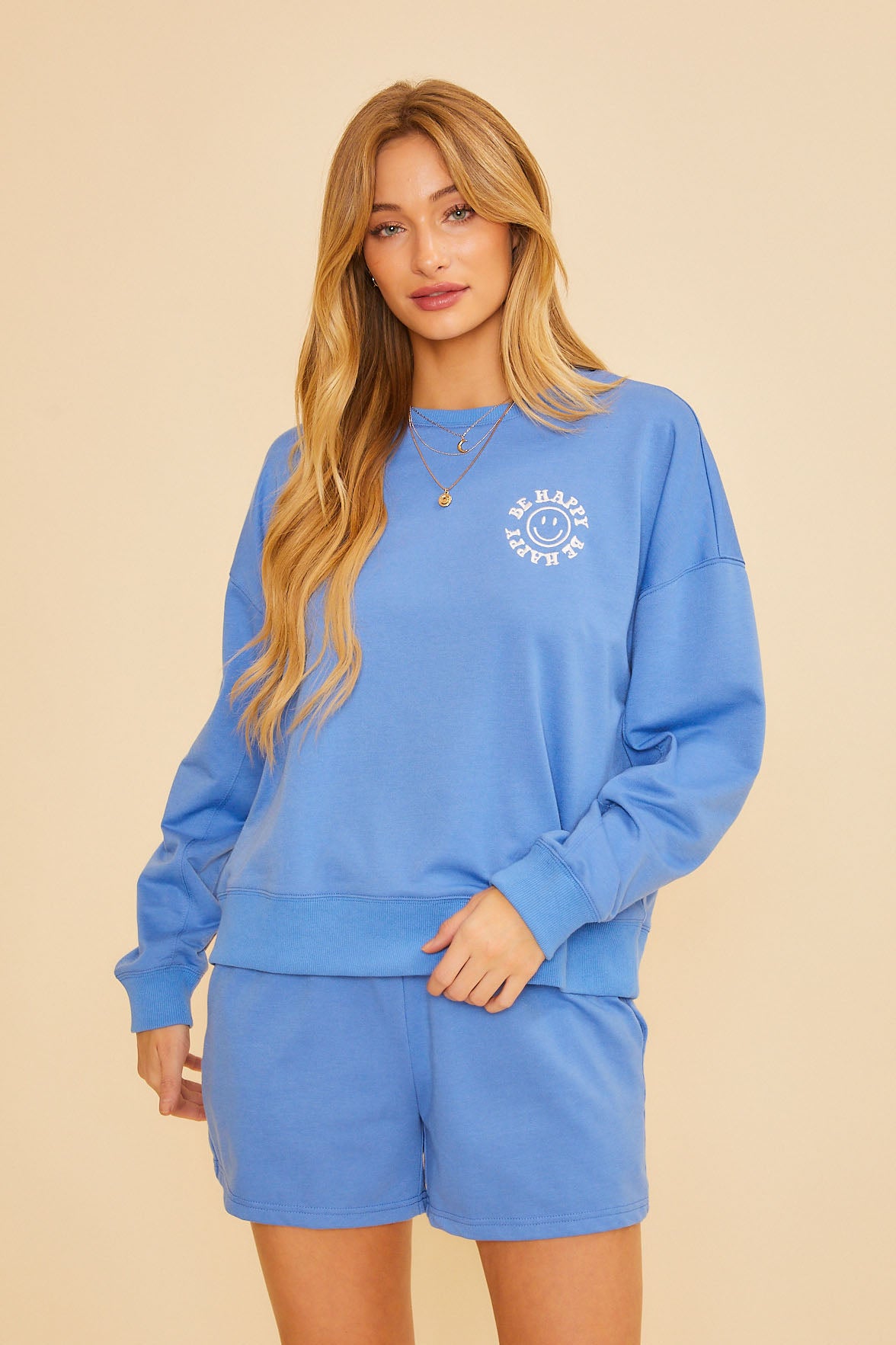 "Be Happy" Embroidered Sweatshirt - Blue