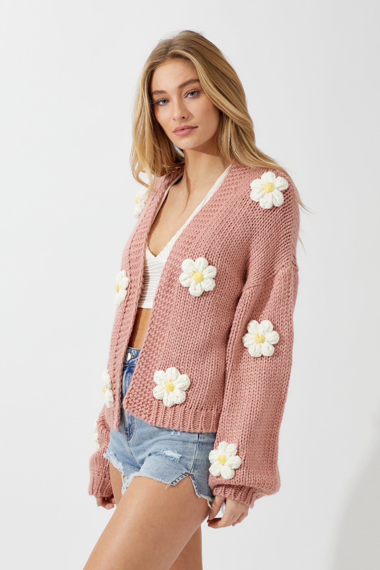 Textured Knit Cropped Cardigan in Rose Pink by Voodoo Vixen